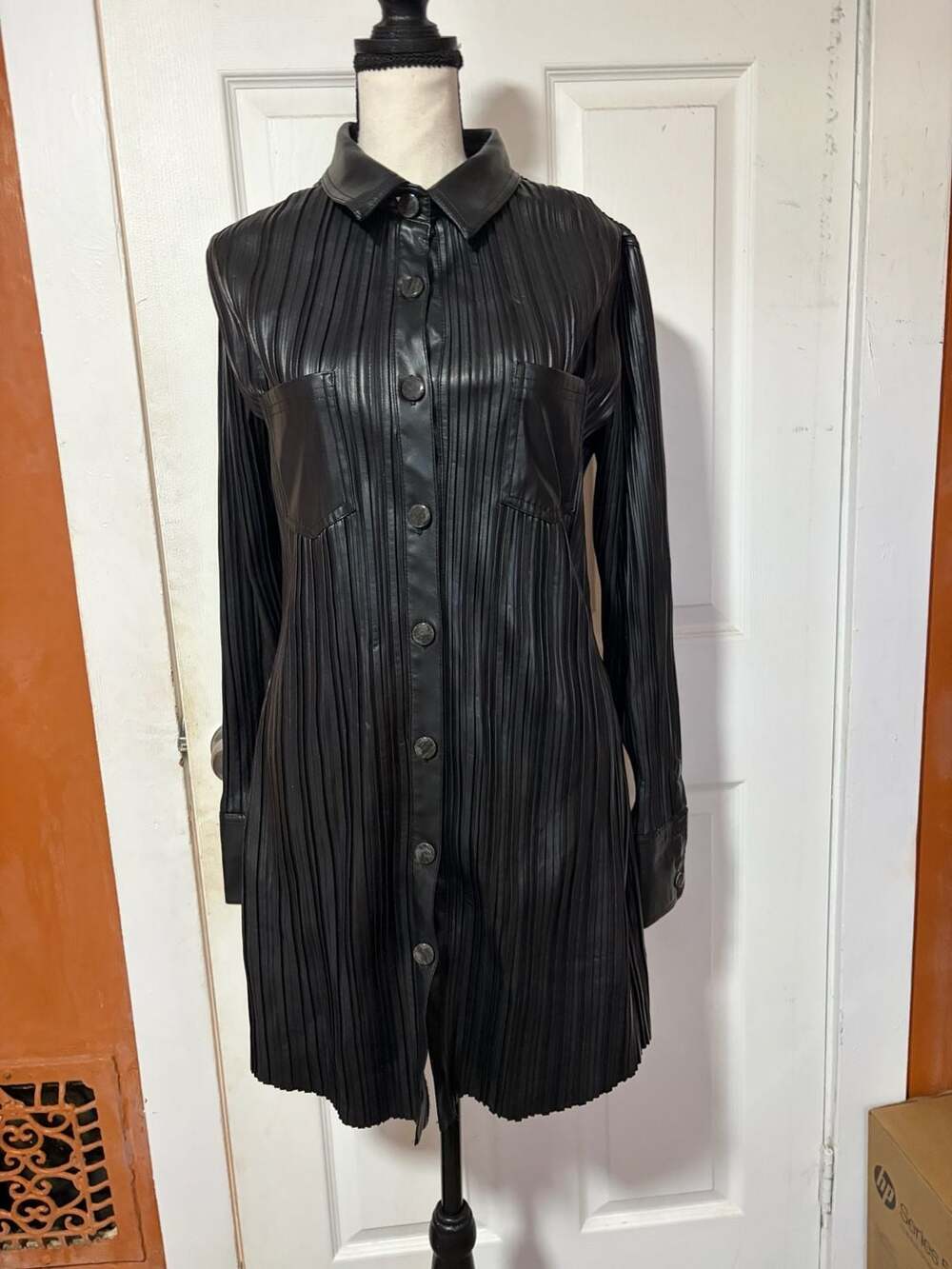 Maniere De Voir Faux Leather Pleated Shirt Dress Black